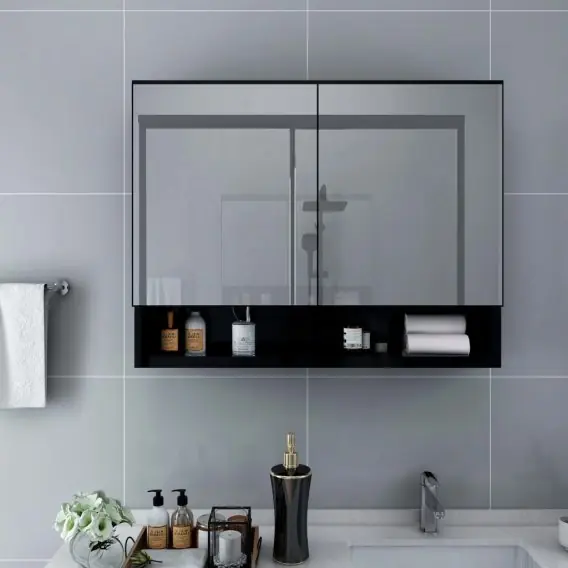 Najlepsza cena Szafka łazienkowa z lustrem i LED, czarna, 80x15x60 cm, MDF Lumarko! - Hurtownia wielobranżowa Lumarko