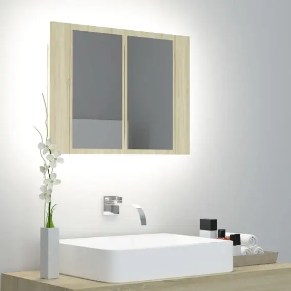 Darmowy zwrot Szafka łazienkowa z lustrem i LED, dąb sonoma, 60x12x45 cm Lumarko! - Hurtownia wielobranżowa Lumarko