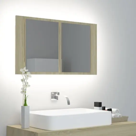 Szafka łazienkowa z lustrem i LED, dąb sonoma, 80x12x45 cm Lumarko! - Hurtownia wielobranżowa Lumarko Promocja