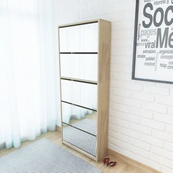 Ostatnie sztuki Szafka na buty z 5 półkami i lustrem, kolor dębu, 63x17x169,5 Lumarko! - Hurtownia wielobranżowa Lumarko