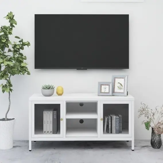 Oferta Szafka pod telewizor, biała, 105x35x52 cm, stal i szkło Lumarko! - Hurtownia wielobranżowa Lumarko