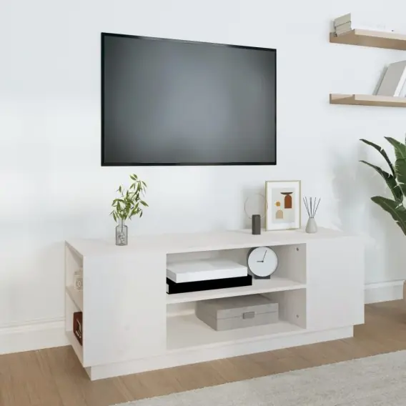 Nowość Szafka pod telewizor, biała, 110x35x40,5cm, lite drewno sosnowe Lumarko! - Hurtownia wielobranżowa Lumarko