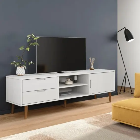 Obniżka ceny Szafka pod telewizor, biała, 158x40x49 cm, lite drewno sosnowe Lumarko! - Hurtownia wielobranżowa Lumarko