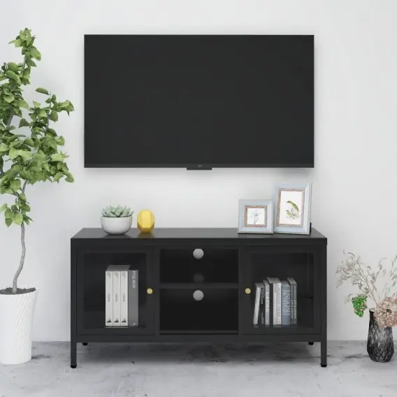 Oferta limitowana Szafka pod telewizor, czarna, 105x35x52 cm, stal i szkło Lumarko! - Hurtownia wielobranżowa Lumarko