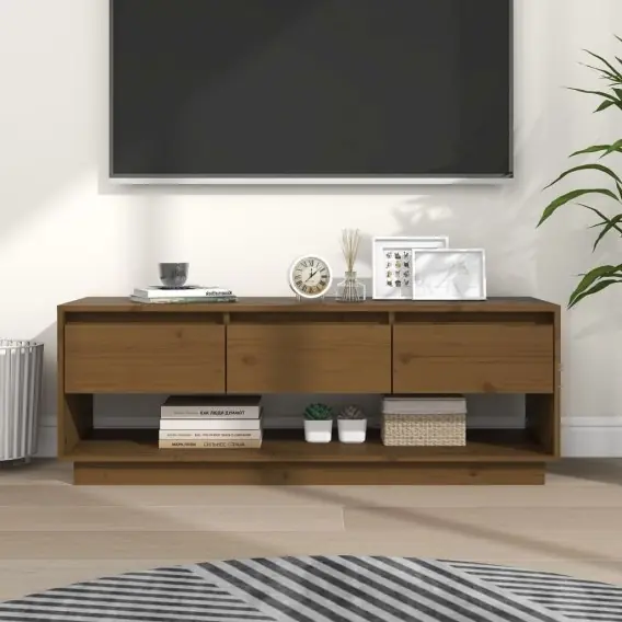 Dostępne od ręki Szafka pod TV, miodowy brąz, 110,5x34x40cm, lite drewno sosnowe Lumarko! - Hurtownia wielobranżowa Lumarko