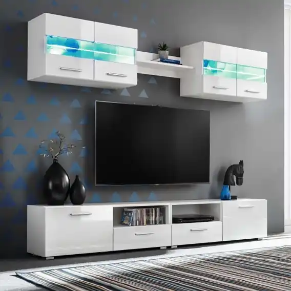 Super okazja Meblościanka pod TV z oświetleniem LED, 5 el., połysk, biała Lumarko! - Hurtownia wielobranżowa Lumarko