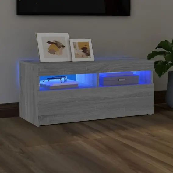 VidaXL Szafka pod TV z oświetleniem LED, szary dąb sonoma, 90x35x40 cm - Hurtownia wielobranżowa Lumarko Kup online