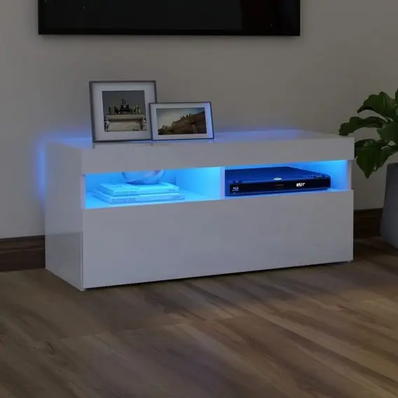 VidaXL Szafka TV z oświetleniem LED, wysoki połysk, biała, 90x35x40 cm - Hurtownia wielobranżowa Lumarko Darmowy zwrot