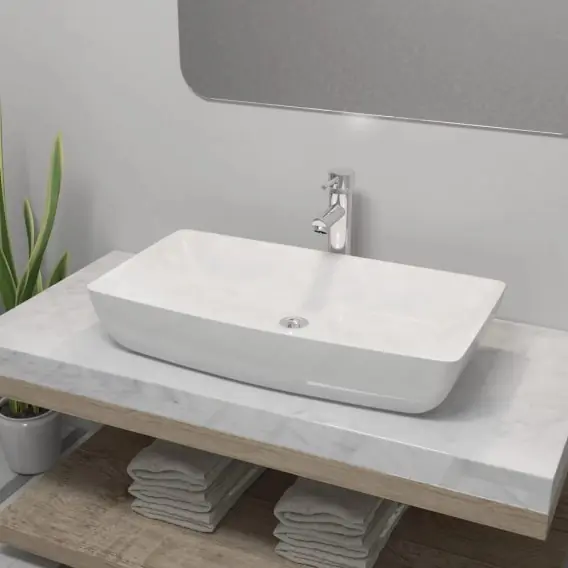 Umywalka z baterią mieszającą, ceramiczna, prostokątna, biała Lumarko! - Hurtownia wielobranżowa Lumarko Niska cena