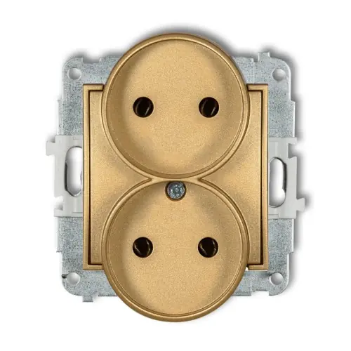 Dodaj do koszyka Mechanizm gniazda podwójnego do ramki bez uziemienia 2x2P (bez przesłon torów prądowych) Karlik ICON złoty 29IGPR-2
