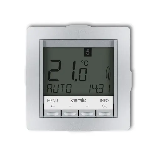 Oferta limitowana Mechanizm uniwersalnego elektronicznego tygodniowego regulatora temperatury (podświetlenie białe) Karlik DECO srebrny metalik 7DRT-3.1