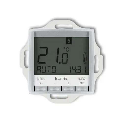 Ostatnia szansa Mechanizm uniwersalnego elektronicznego tygodniowego regulatora temperatury (podświetlenie białe) Karlik MINI srebrny metalik 7MRT-3.1