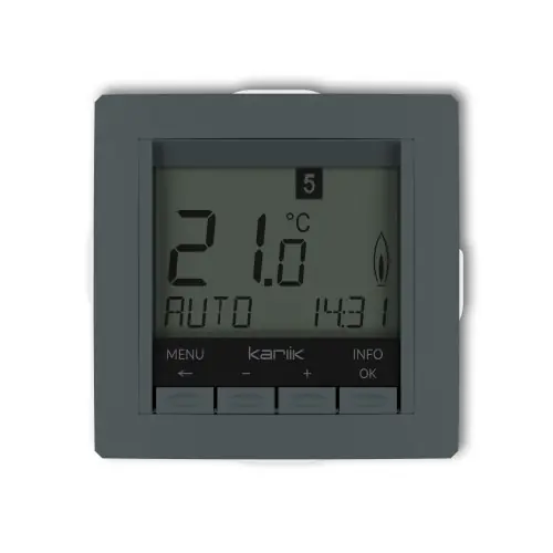 Łatwy zwrot Mechanizm uniwersalnego elektronicznego tygodniowego regulatora temperatury (podświetlenie niebieskie) Karlik DECO grafitowy mat 28DRT-3.2