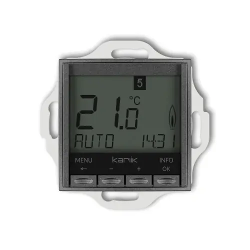 Wyjątkowa oferta Mechanizm uniwersalnego elektronicznego tygodniowego regulatora temperatury (podświetlenie niebieskie) Karlik MINI grafitowy 11MRT-3.2