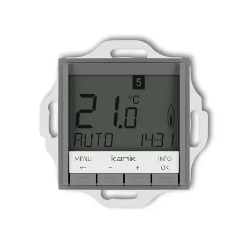 Mechanizm uniwersalnego elektronicznego tygodniowego regulatora temperatury (podświetlenie niebieskie) Karlik MINI szary mat 27MRT-3.2 Bezpieczne zakupy