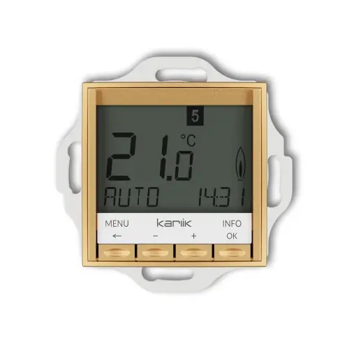 Mechanizm uniwersalnego elektronicznego tygodniowego regulatora temperatury (podświetlenie niebieskie) Karlik MINI złoty 29MRT-3.2 Wybór klientów